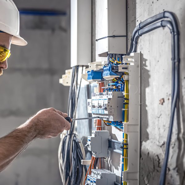 A male electrician works in a switchboard with an electrical connecting cable.